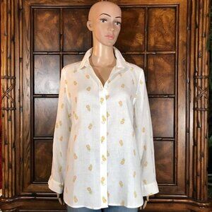 Chico's No Iron 100% Linen Roll Tab Pineapple Play Button Down Shirt